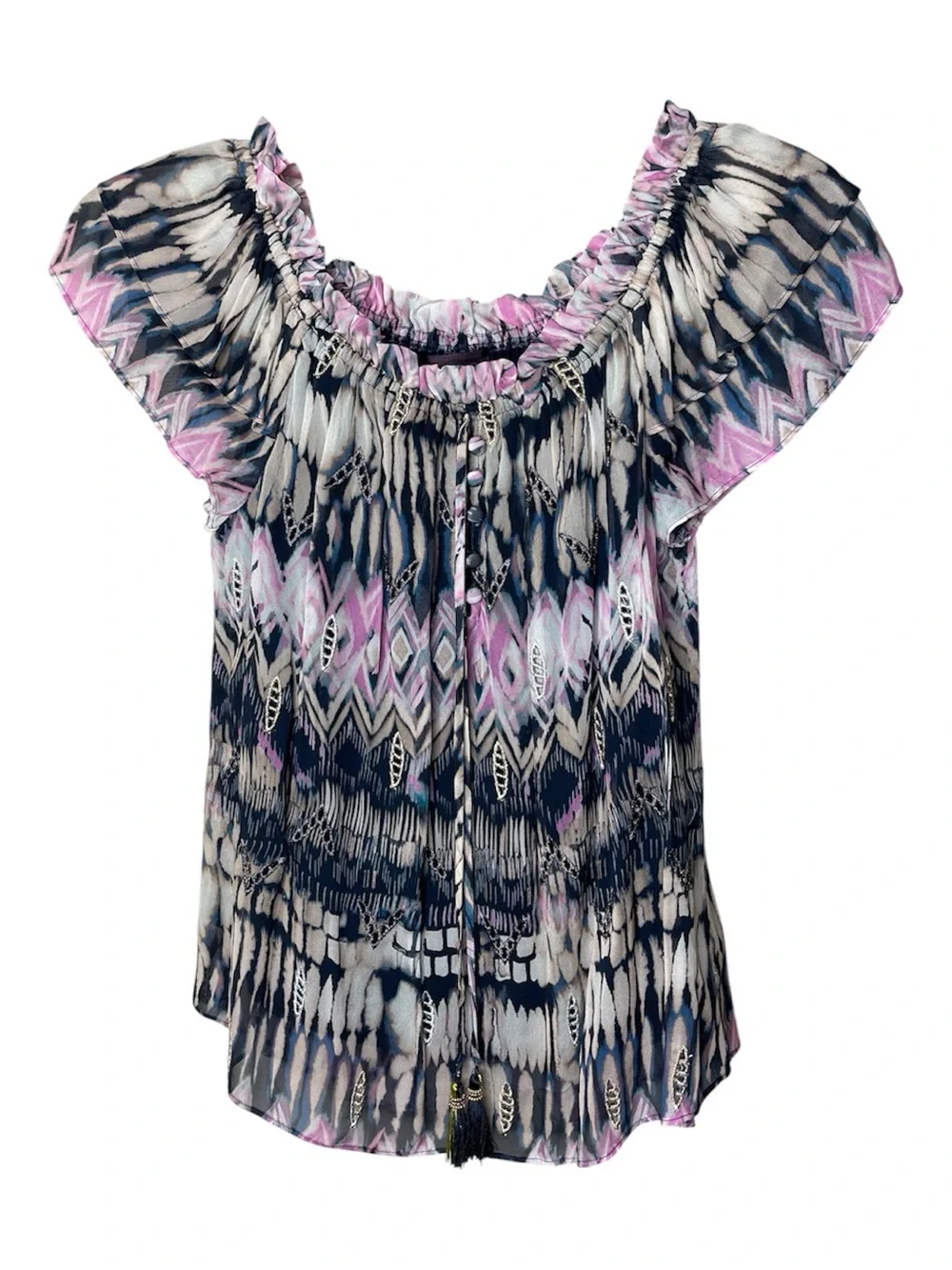 Hale Bob Pink, Navy & Cream Off-Shoulder Peasant Blouse Sz S